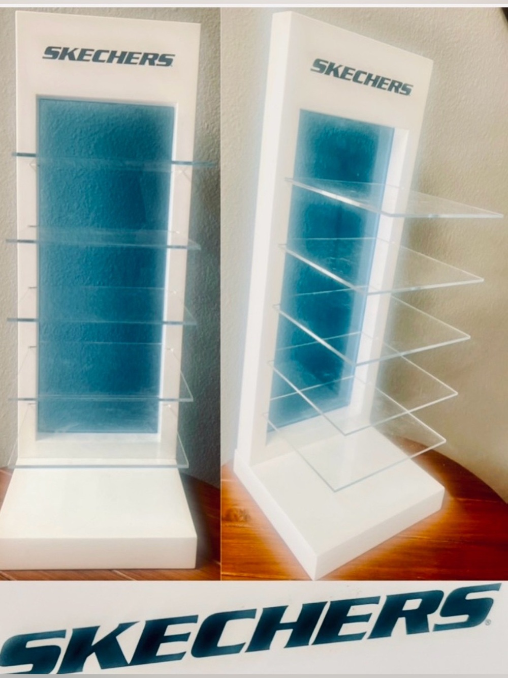 SKECHERS WHITE/BLUE EYEGLASS COUNTERTOP TOWER DISPLAY STAND 20”X 7.5”
